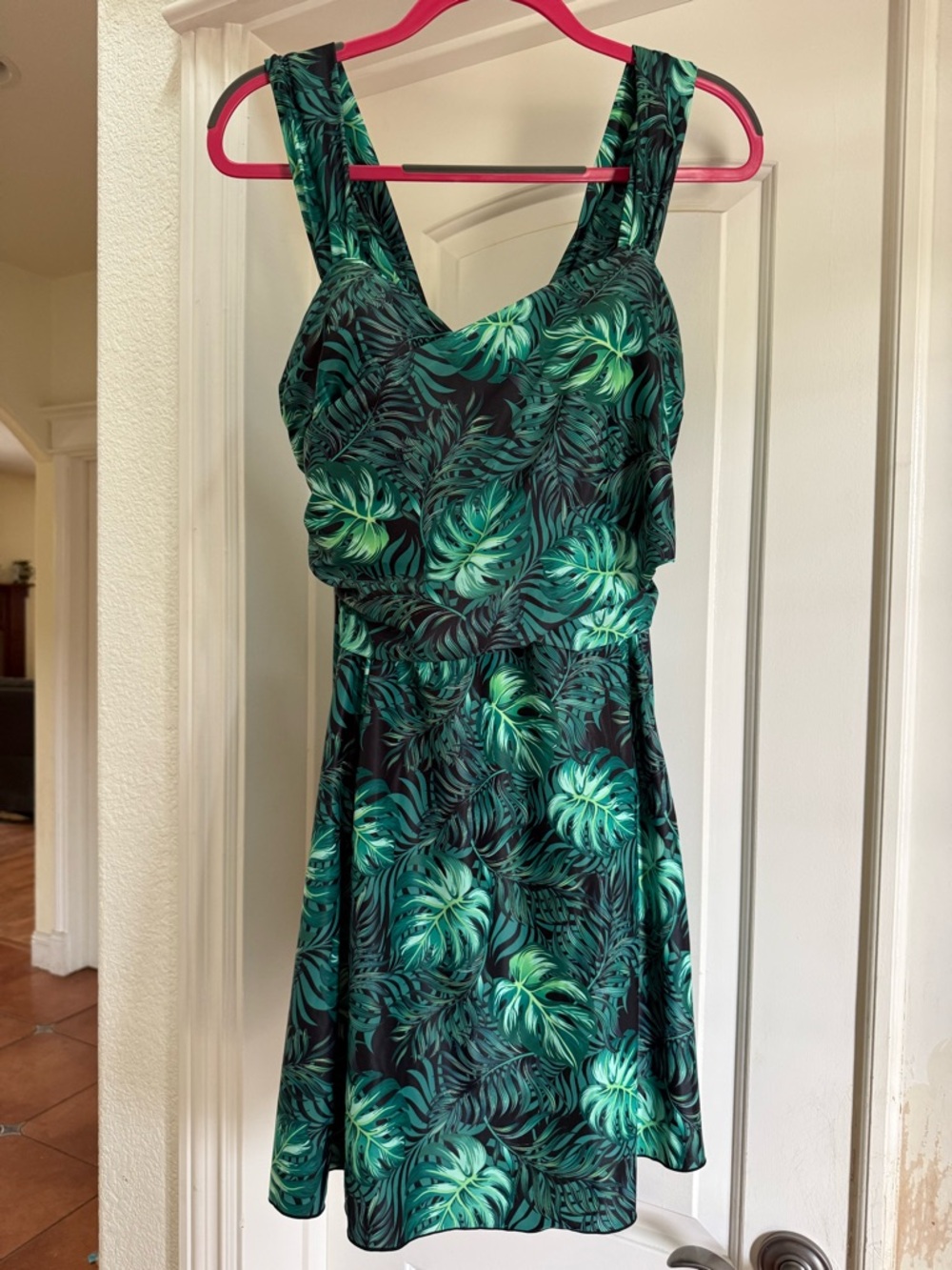 Green Tropical Print One-Piece Swim Dress